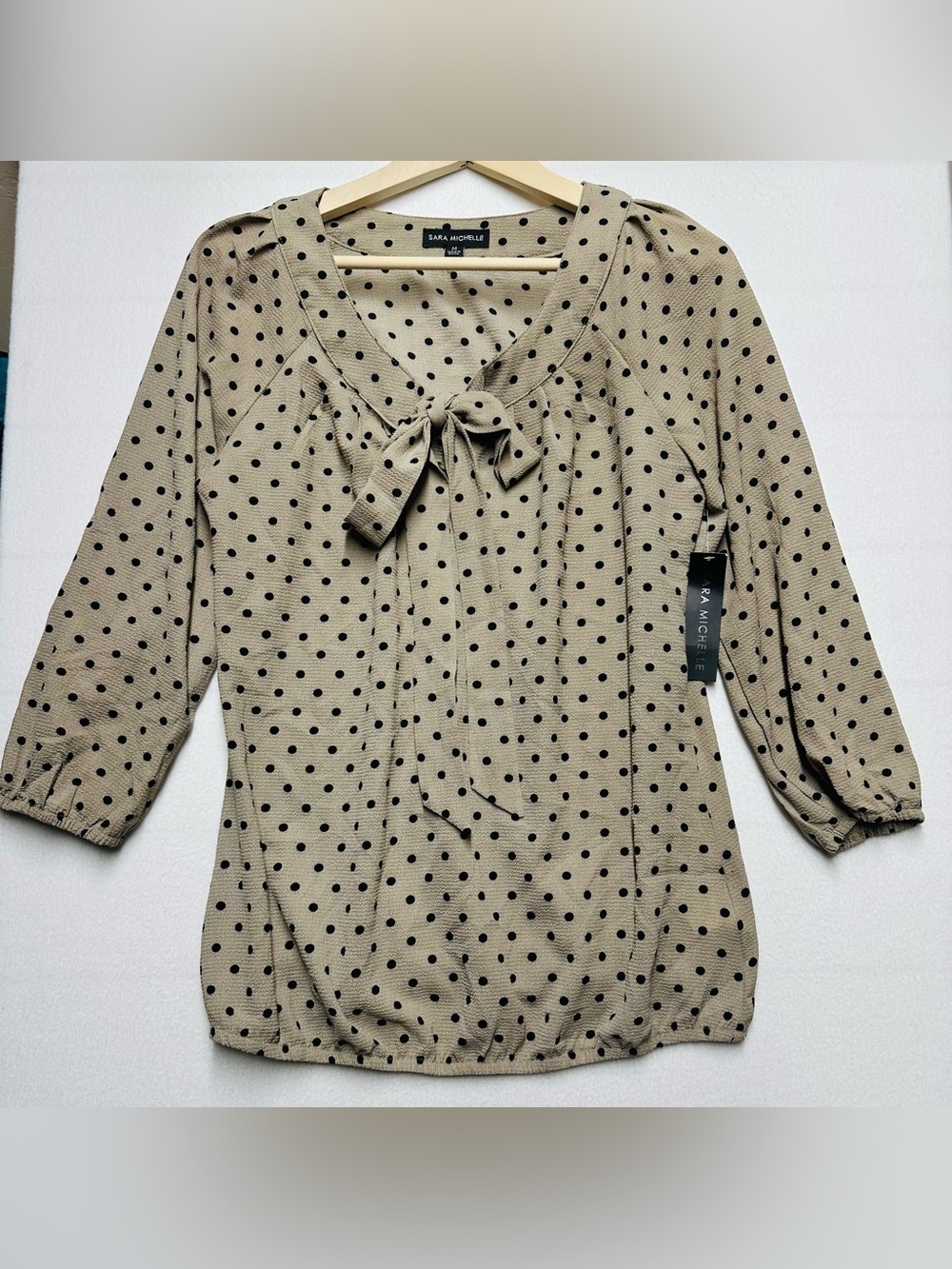 Sarah Michelle Polka Dot Blouse • Women’s Medium • P2P 22” • Bow Tie Front | NWT
